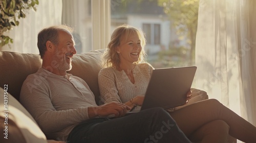 A joyful couple, a middle-aged Caucasian man and woman, share a light moment while using a laptop in their cozy living room.