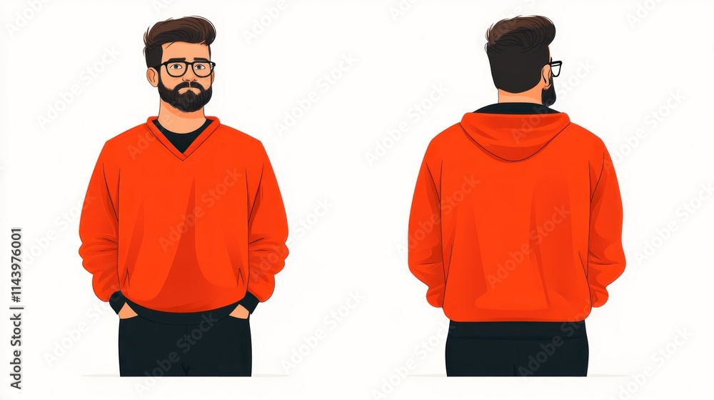 Front and back view of a man wearing a red hoodie. Front and back view of a man wearing a red hoodie.