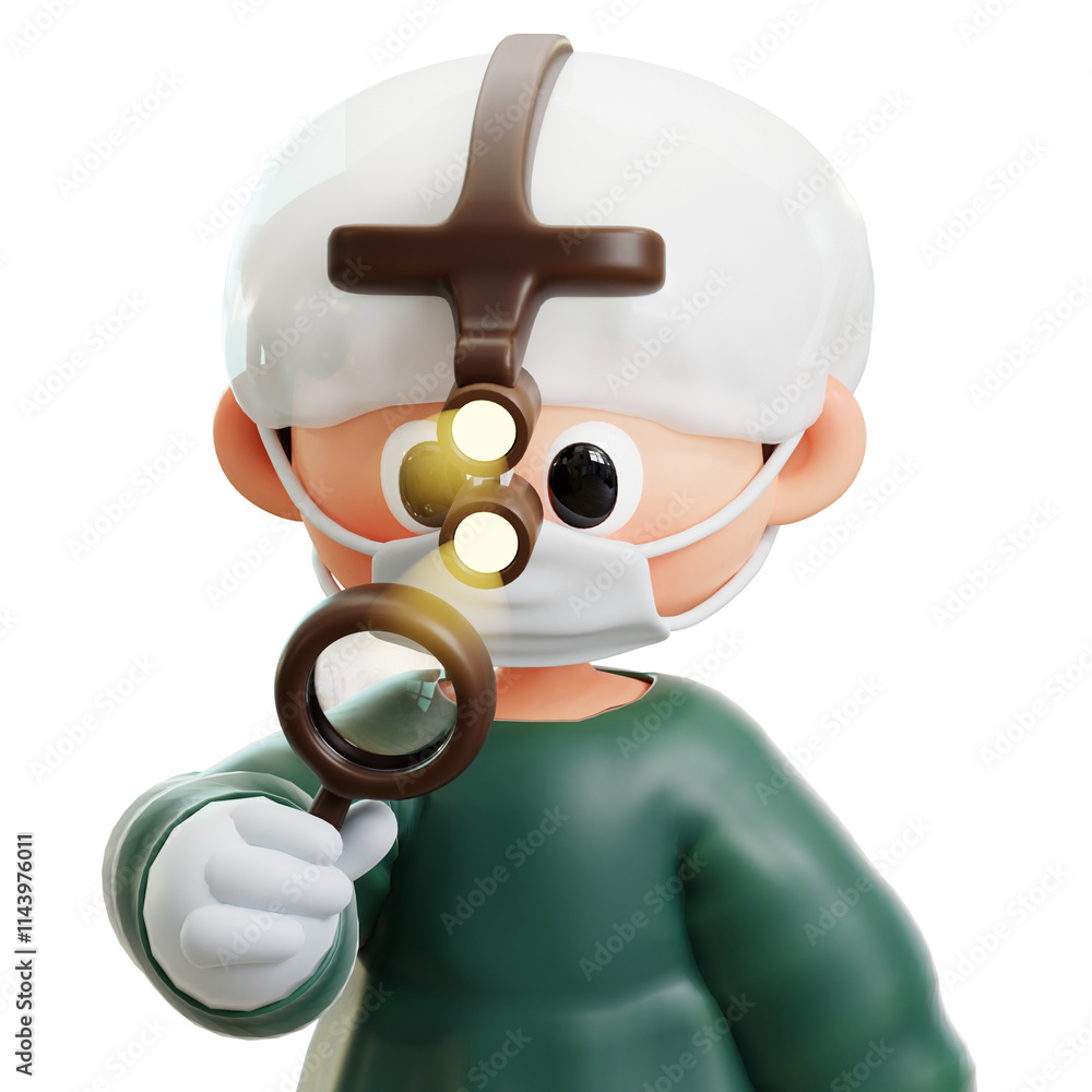 Surgeon Surgery and Hold Magnifying Glass. Doctor in gloves, mask and uniform in operating room. 3D cute cartoon character. male doctor with stethoscope. science, medical, health, healthcare Surgeon Surgery and Hold Magnifying Glass. Doctor in gloves, mask and uniform in operating room. 3D cute cartoon character. male doctor with stethoscope. science, medical, health, healthcare