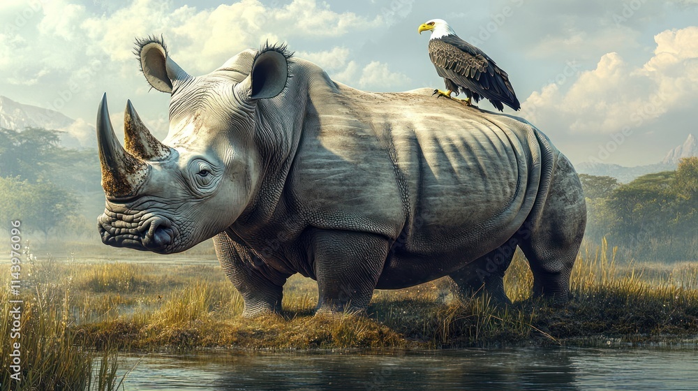 Fototapeta premium Majestic white rhino with bald eagle perched on its back in a serene landscape.