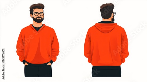 Front and back view of a man wearing a red hoodie.
