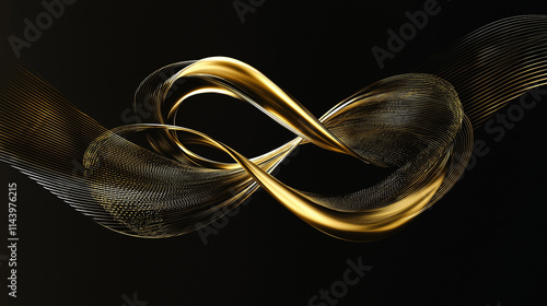 Luxuriöses Markendesign in eleganter Wellenform. Goldenes Logo mit fließender, dynamischer Linienführung und hochwertigem Metallic-Effekt photo