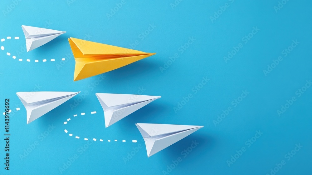 Yellow paper airplane leading white ones on blue background. (1) Yellow paper airplane leading white ones on blue background. (1)
