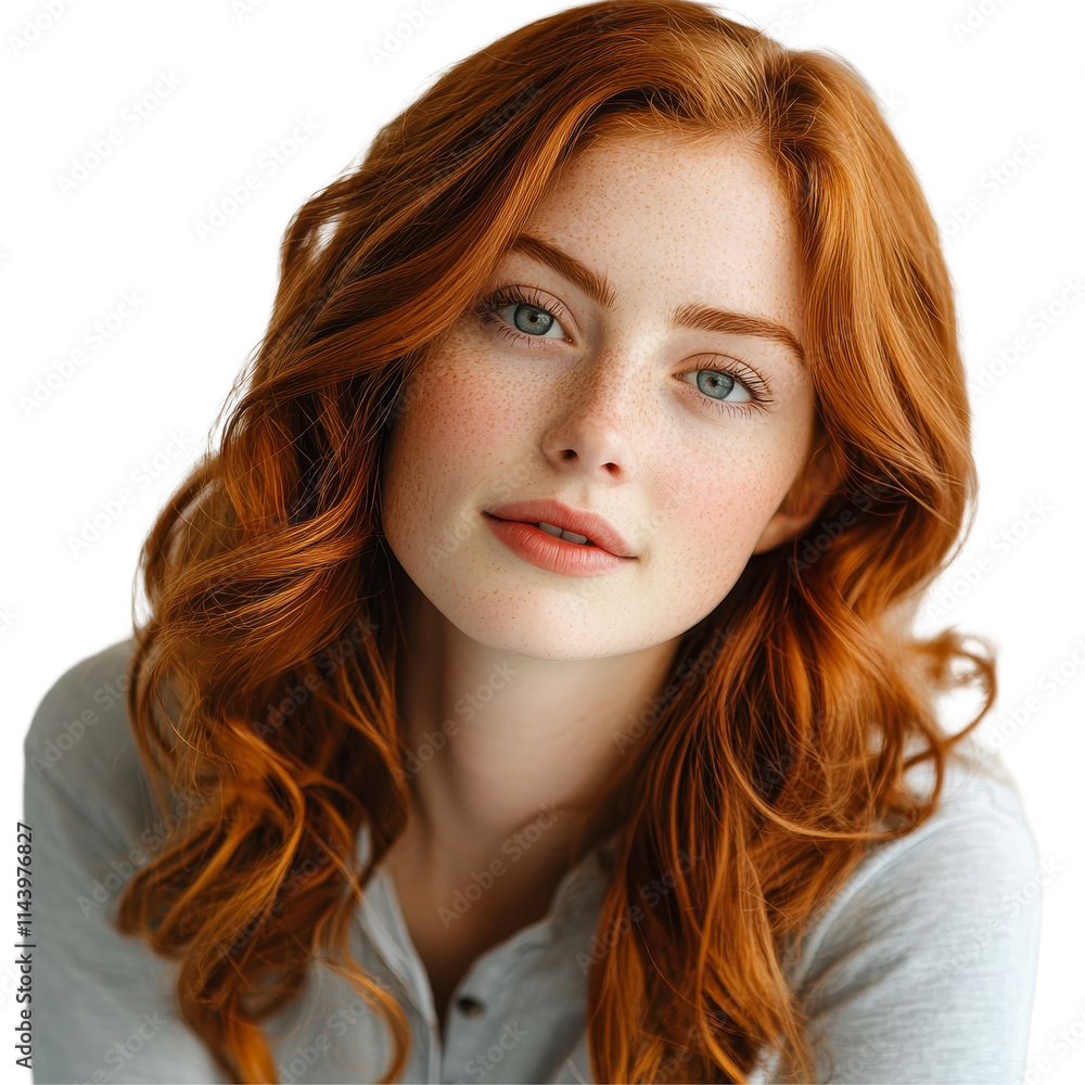 Naklejka premium Portrait of a stunning redhead woman with natural curls posing against a neutral background in a serene setting, portrait of a beautiful redhead woman isolated on transparent background