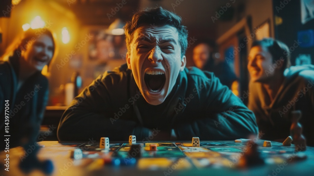 a person watching in slow-motion horror as their board game strategy unravels, while others laugh or celebrate. a person watching in slow-motion horror as their board game strategy unravels, while others laugh or celebrate.