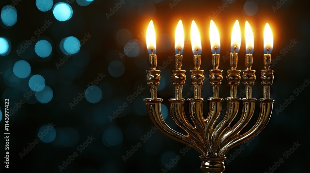 Fototapeta premium Beautiful Menorah with Flames Against Soft Blue Bokeh Background