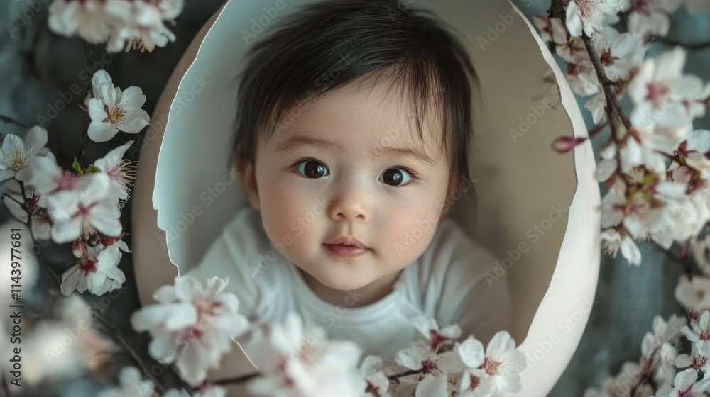 Adorable baby girl nestled in a large eggshell surrounded by delicate spring blossoms. Adorable baby girl nestled in a large eggshell surrounded by delicate spring blossoms.