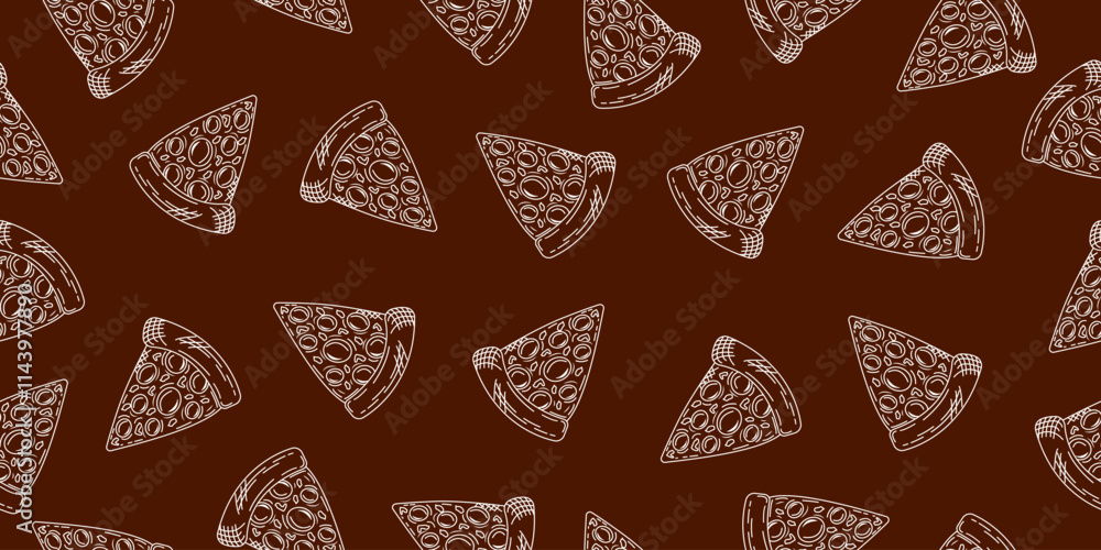 Pizza doodle slice seamless pattern on dark brown background. Fast food pizza sketch motif. Vector illustration Pizza doodle slice seamless pattern on dark brown background. Fast food pizza sketch motif. Vector illustration