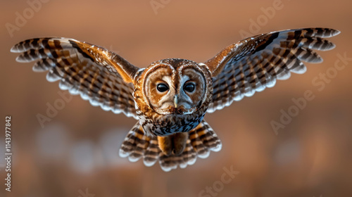 An awe-inspiring image of an owl mid-flight, its wide wings spread, showcasing the intricate patterns and colors of its feathers against a blurred earthy background.
 photo