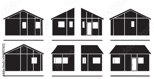 Set of black line vector icons for modular buildings on white background.