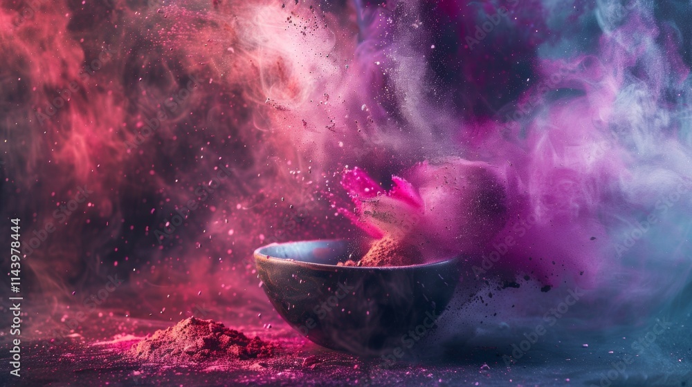 Bowl surrounded by swirling colorful clouds of pink and purple Bowl surrounded by swirling colorful clouds of pink and purple