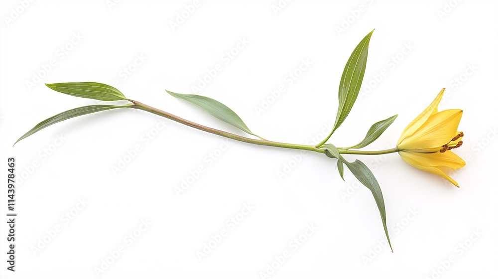 Obraz premium A delicate yellow flower with long green leaves, elegantly positioned against a bright white background.