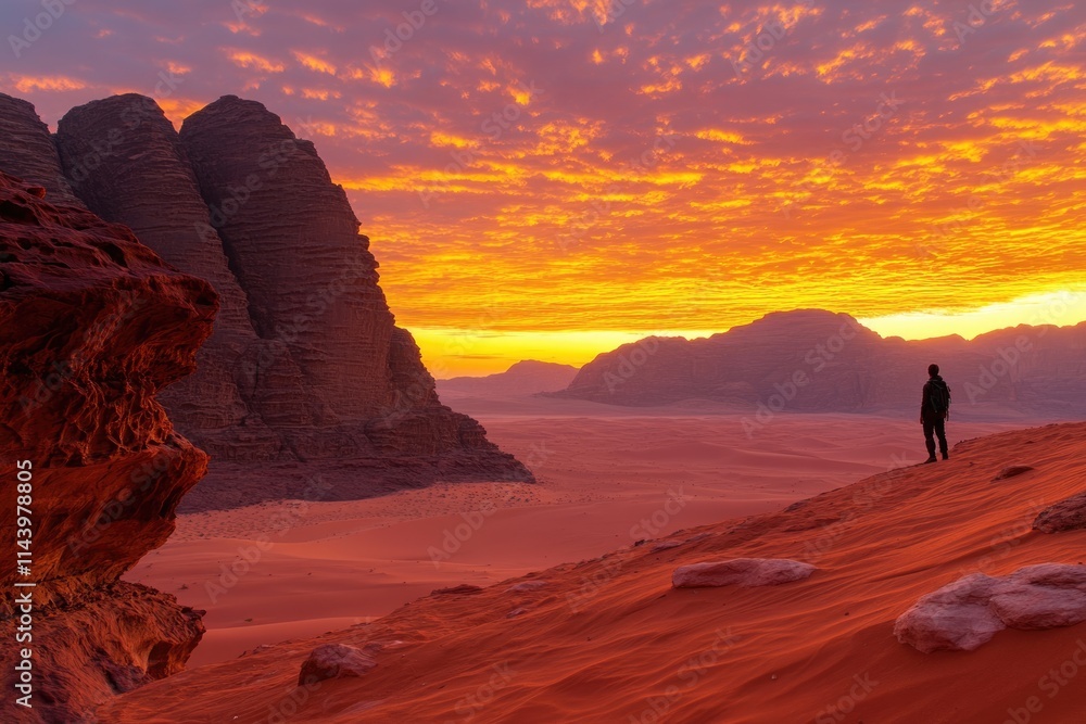A lone hiker pauses to admire a breathtaking sunset over Wadi Rum's dramatic sandstone mountains and desert landscape. A lone hiker pauses to admire a breathtaking sunset over Wadi Rum's dramatic sandstone mountains and desert landscape.