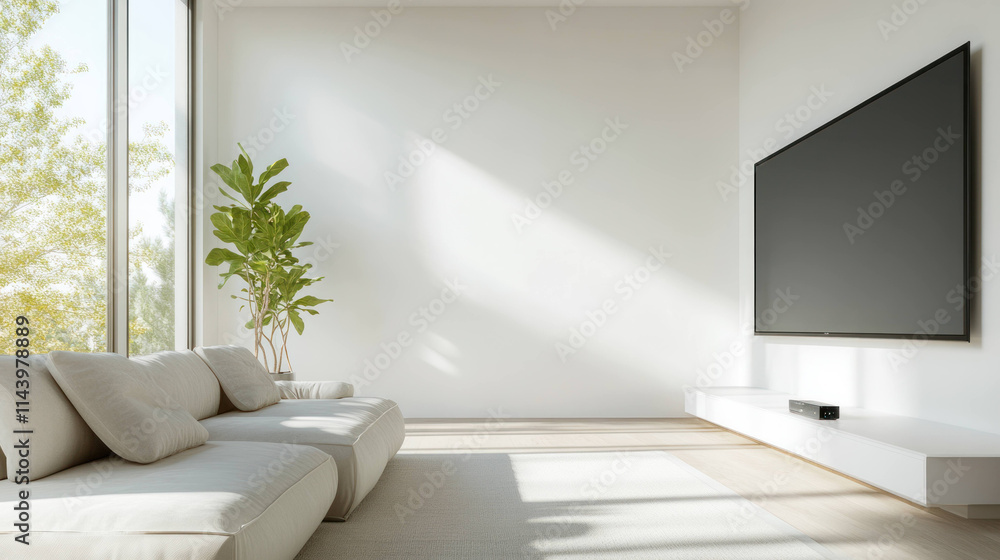 Fototapeta premium bright and minimalistic living room with large TV, white sofa, and indoor plant