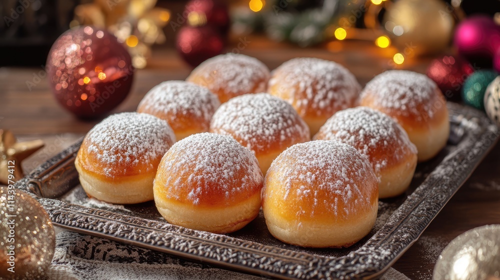 Delicious Powdered Sugar Donuts on a Festive Holiday Table Delicious Powdered Sugar Donuts on a Festive Holiday Table