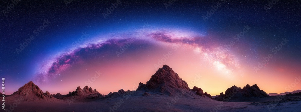 Obraz premium Stunning panoramic view of a majestic mountain range under a vibrant night sky filled with the Milky Way and twinkling stars, capturing the beauty of nature, dusk and dreams