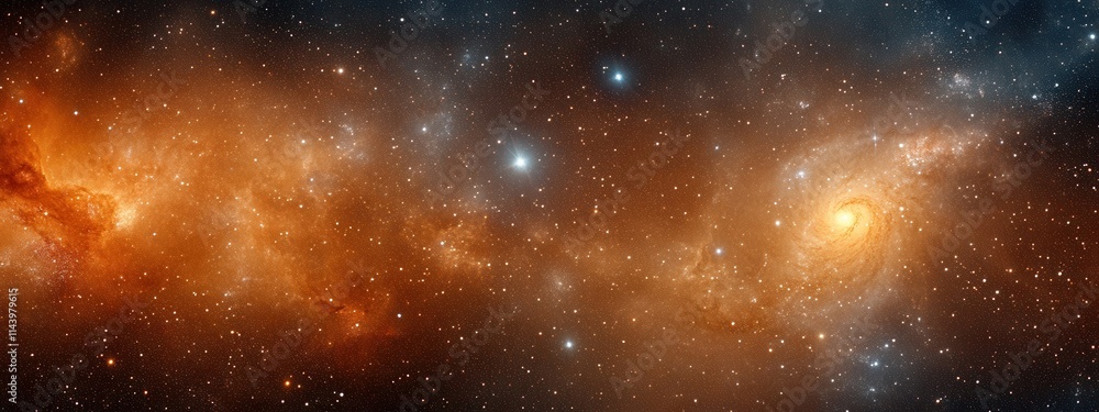 Naklejka premium Captivating Cosmic Landscape of a Distant Galaxy with Swirling Nebulae, Sparkling Stars, and Vibrant Colors Highlighting the Beauty of the Universe