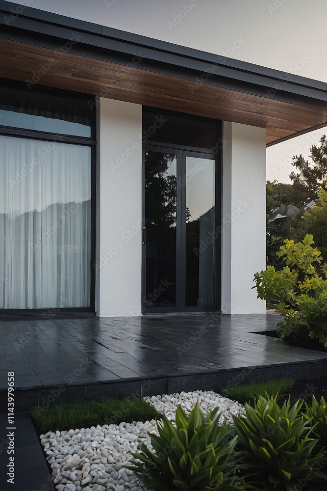 Modern home exterior featuring a dark gray patio, white walls, large black-framed windows and doors, and a wooden awning. Landscaped with gravel and green plants. Modern home exterior featuring a dark gray patio, white walls, large black-framed windows and doors, and a wooden awning. Landscaped with gravel and green plants.
