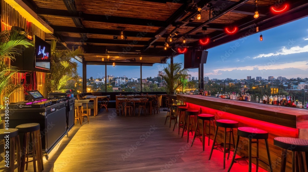 Chic Rooftop Party Space with DJ Booth and Vibrant Lights Chic Rooftop Party Space with DJ Booth and Vibrant Lights