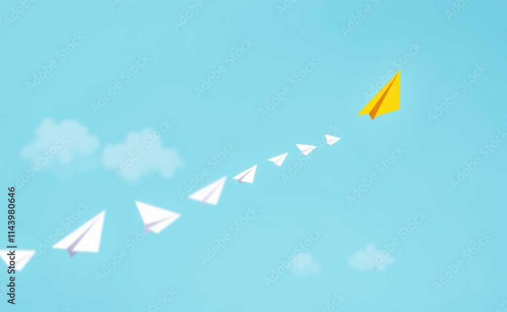 A bright yellow paper airplane leads a group of white paper airplanes across a clear blue sky. A bright yellow paper airplane leads a group of white paper airplanes across a clear blue sky.