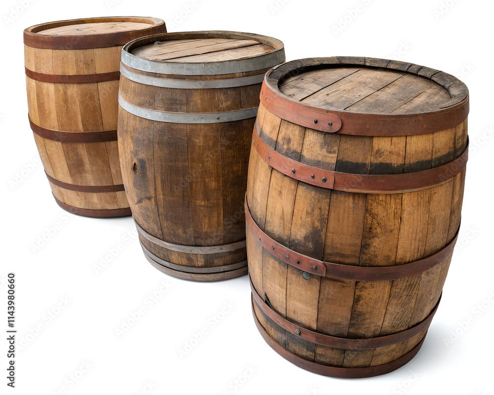 Obraz premium Wooden oak barrels, cut out, on isolated white background, Clipping path