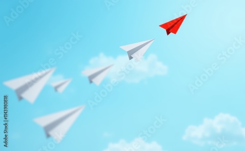Free Download A bright red paper airplane leads a group of white paper airplanes across a clear blue sky. - GFXLoad