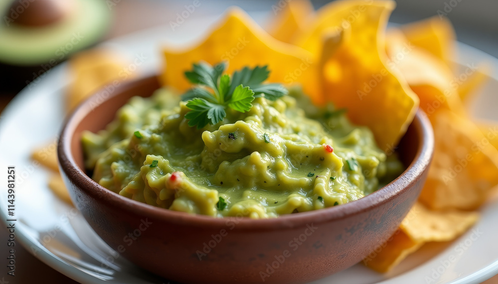 Guacamole in a bowl garnished with cilantro and served with crispy chips Guacamole in a bowl garnished with cilantro and served with crispy chips