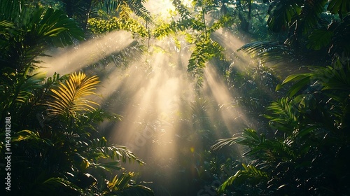 A dense lush rainforest scene with mist rising from the foliage illuminated by warm golden sunlight showcasing the natural process of and the serene harmonious balance of the environment photo