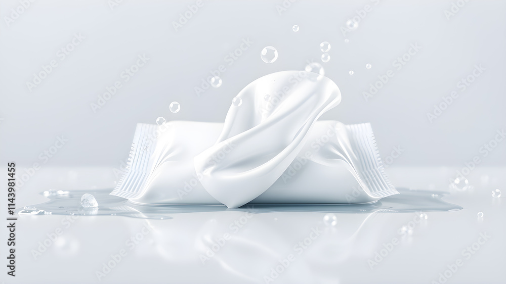 Realistic wet wipes gliding smoothly across the surface with sparkles, effect for hygienic cleaning or disinfecting, 3d illustration. Generative AI Realistic wet wipes gliding smoothly across the surface with sparkles, effect for hygienic cleaning or disinfecting, 3d illustration. Generative AI