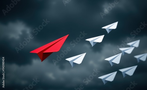 A bright red paper airplane leads a group of white paper airplanes across a clear blue sky.