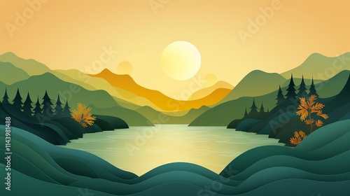 Wallpaper background of a green mountain logo and yellow sun, there is a blue river  Generate AI photo