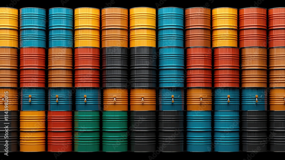 Colorful oil barrels stacked in neat arrangement, showcasing various colors like blue, orange, green, and black, creating vibrant industrial scene Colorful oil barrels stacked in neat arrangement, showcasing various colors like blue, orange, green, and black, creating vibrant industrial scene