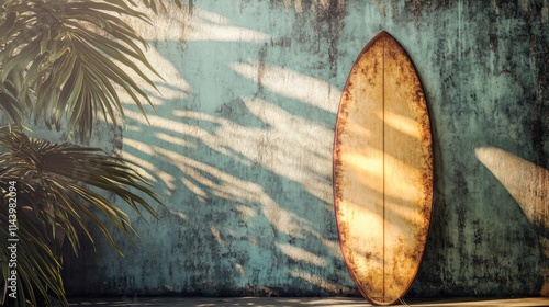 A weathered surfboard rests against a textured teal wall, surrounded by lush palm leaves, evoking a laid-back coastal vibe. photo