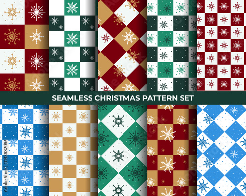 Set of squared red, yellow, green, blue and white seamless pattern with snowflakes, checked pattern wallpapers for christmas and new year holidays, wrapping papers
