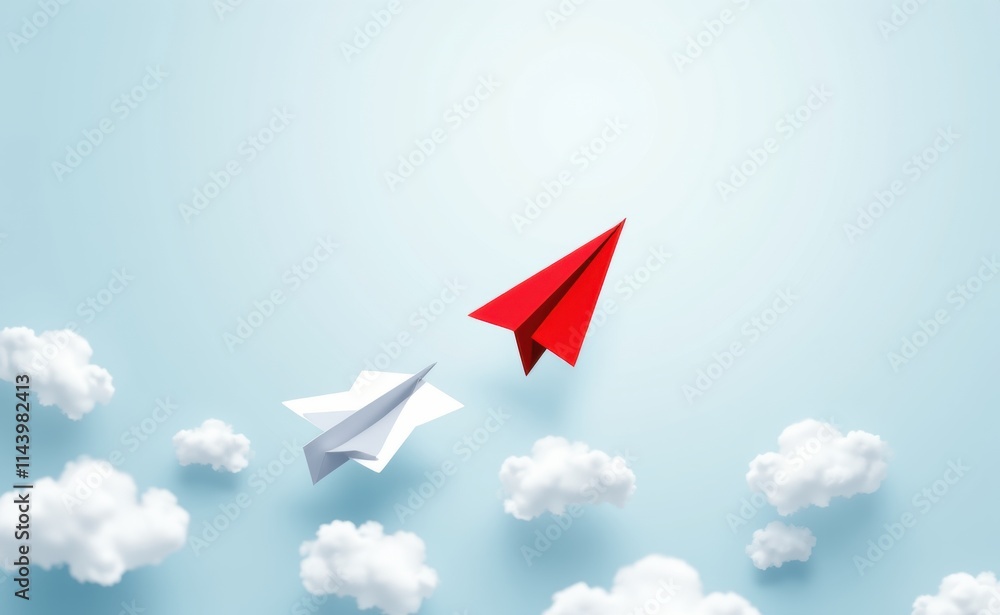 A bright red paper airplane leads a group of white paper airplanes across a clear blue sky. A bright red paper airplane leads a group of white paper airplanes across a clear blue sky.