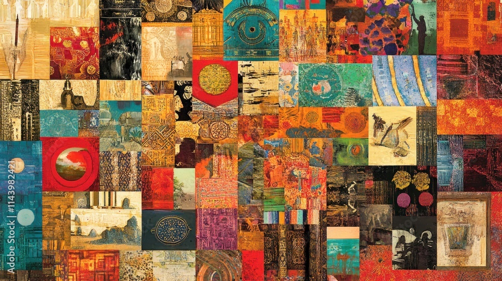 Fototapeta premium Colorful collage of diverse images, textures, and patterns.