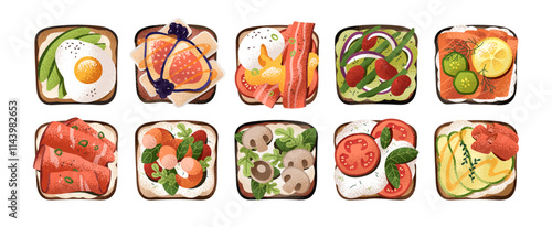 Set of different toast sandwiches top view. Bread with salmon, bacon, avocado, eggs, tomato, mushrooms, greenery. Healthy eating, breakfast food. Flat isolated vector illustrations on white background