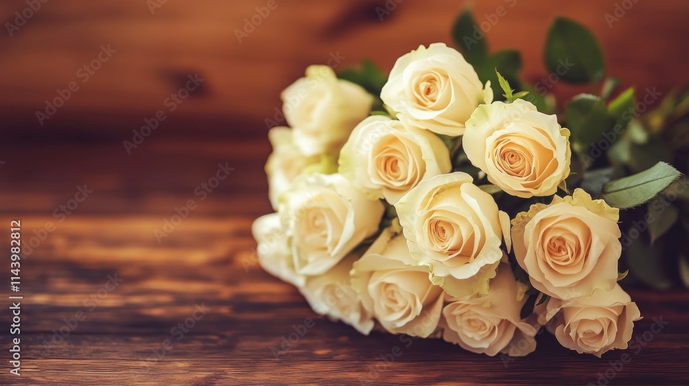 Cream roses bouquet on wooden background. Cream roses bouquet on wooden background.