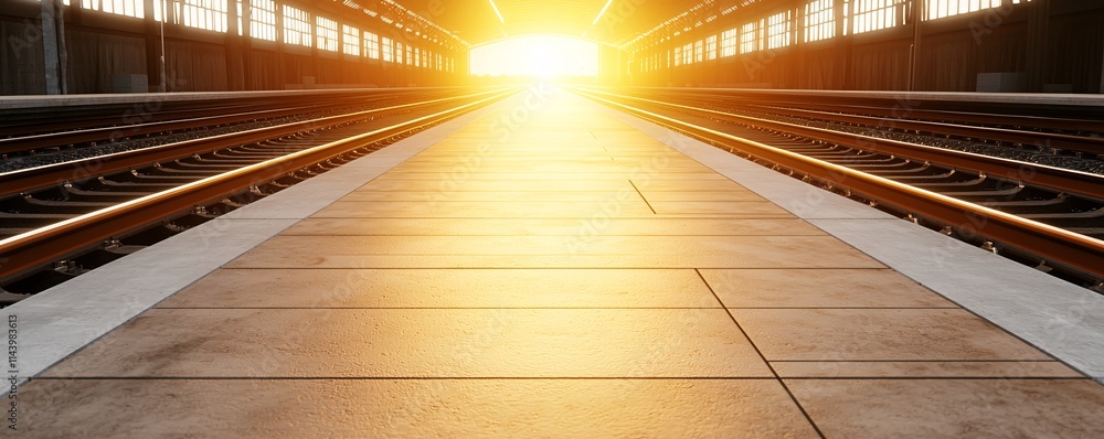 Obraz premium Multimodal Transport concept. A sunlit train station platform with tracks disappearing into the bright horizon, evoking a sense of journey and anticipation.