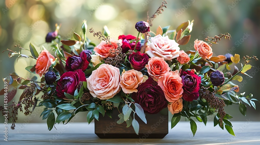 Lush floral arrangement in a dark wood box, featuring roses, ranunculus, and greenery.