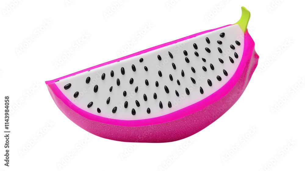 Bright pink dragon fruit slice with black seeds showcasing its unique texture and color against a transparent background. Bright pink dragon fruit slice with black seeds showcasing its unique texture and color against a transparent background.