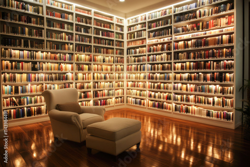 Cozy reading nook in a warmly lit home library with armchair and bookshelves