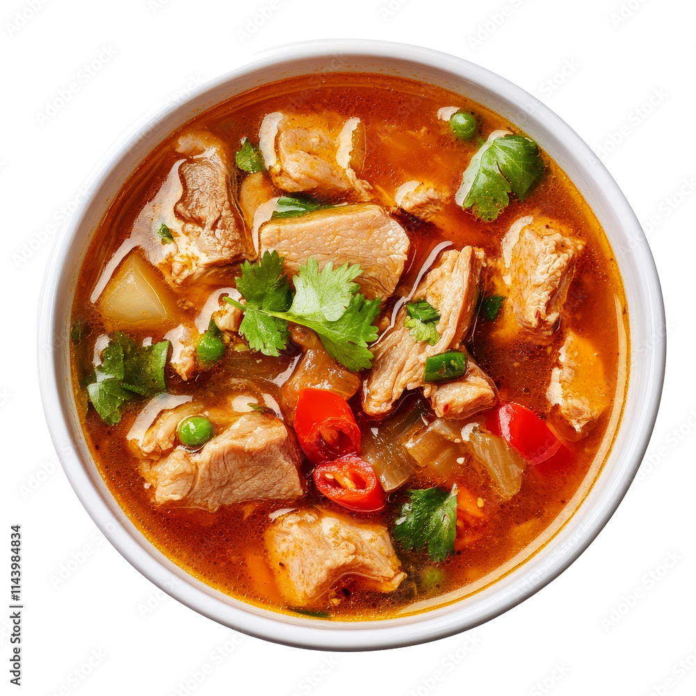 A bowl of hot and spicy pork soup garnished with vegetables on a transparent background, hot and spicy soup with pork isolated on transparent background A bowl of hot and spicy pork soup garnished with vegetables on a transparent background, hot and spicy soup with pork isolated on transparent background