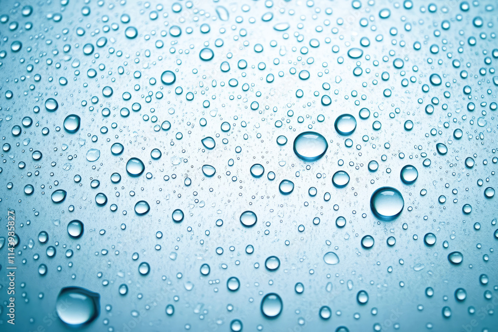 Water droplets on glass surface creating a soothing blue background Water droplets on glass surface creating a soothing blue background