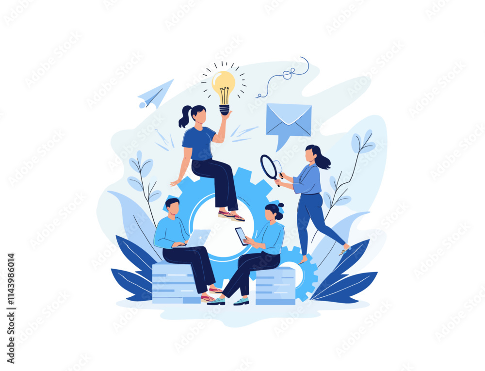 Fototapeta premium new ideas problem solving illustration banner teamwork search solution people team working flat modern design