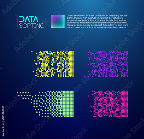 Colorful abstract data sorting with grid patterns and pixel blocks.