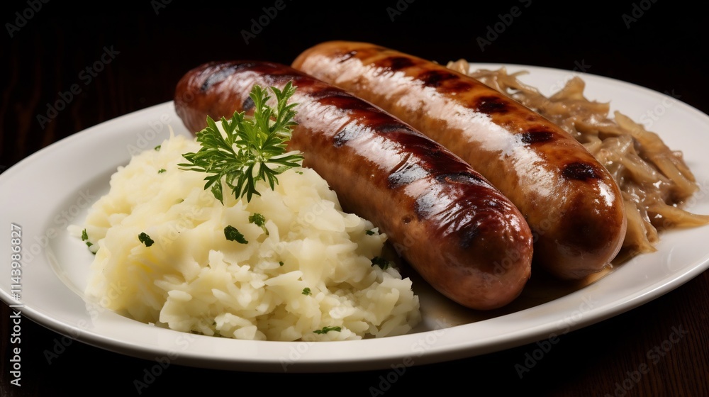 Delicious grilled German bratwurst sausage served with traditional sauerkraut and a side of mustard presented on a plate ready to be enjoyed as a savory meal or snack Delicious grilled German bratwurst sausage served with traditional sauerkraut and a side of mustard presented on a plate ready to be enjoyed as a savory meal or snack