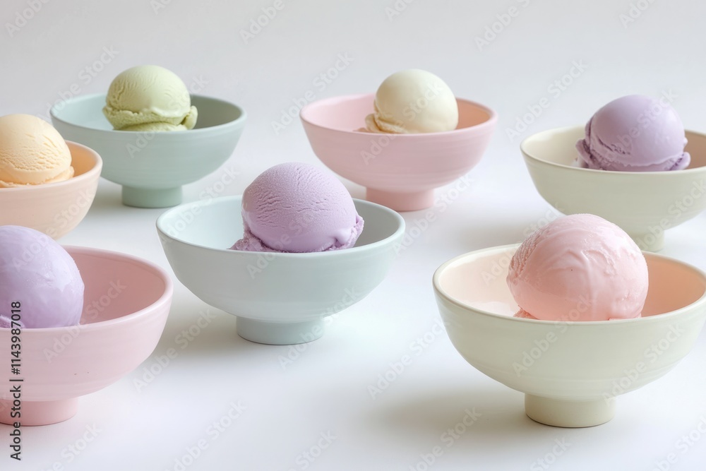 Pastel-colored bowls filled with scoops of various flavored ice cream. Pastel-colored bowls filled with scoops of various flavored ice cream.