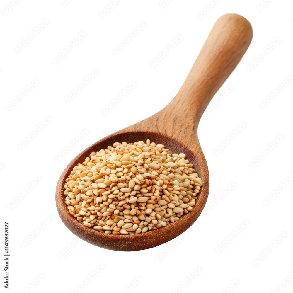 Wooden spoon filled with sesame seeds isolated on a transparent background for culinary uses, Sesame seeds in a wooden spoon isolated on transparent background Wooden spoon filled with sesame seeds isolated on a transparent background for culinary uses, Sesame seeds in a wooden spoon isolated on transparent background