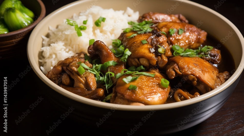 Mouthwatering Philippine Adobo Chicken Stew Simmered in a Delectable Blend of Soy Sauce Vinegar and Garlic Served Alongside Fluffy Steaming White Rice Mouthwatering Philippine Adobo Chicken Stew Simmered in a Delectable Blend of Soy Sauce Vinegar and Garlic Served Alongside Fluffy Steaming White Rice